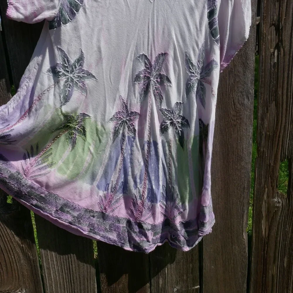 Sakkas Tunic Top One Size Boho Short Sleeve Palm Trees Crochet Trim Pink Blush - Picture 3 of 9